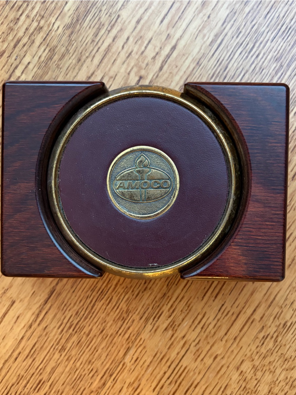Vintage Amoco Oil Co. Brass & Leather Coaster Set of 4 Wood Base 80s Collectible